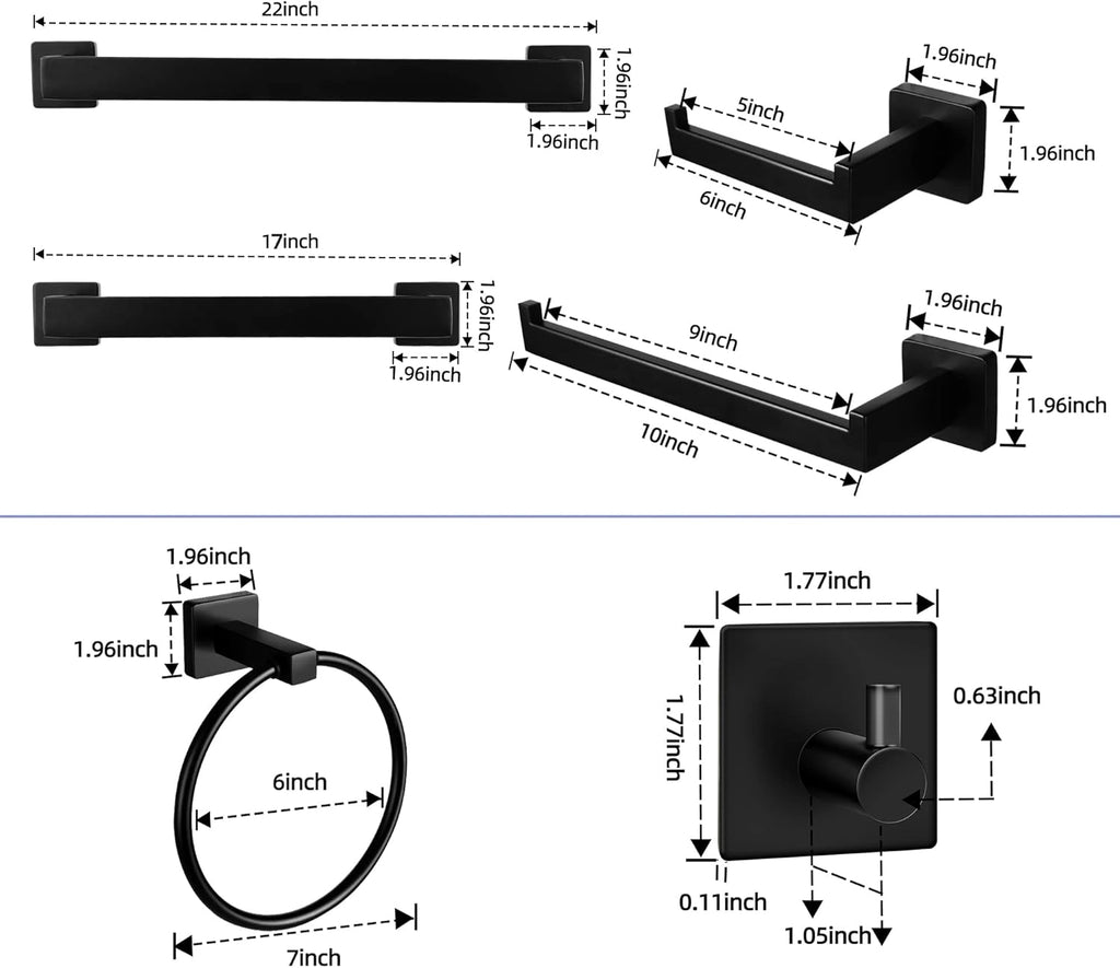 Bathroom Hardware Set, 10 Piece Black Stainless Steel Bathroom Towel Rack Set Wall Mount Towel Bar Set Include 22'' Hand Towel Bar, 17'' Towel Holder, Toilet Paper Holder, Towel Ring, 5 Hook